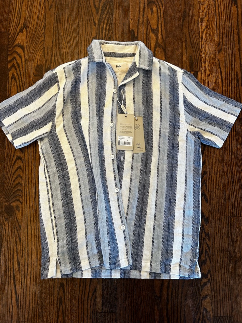 Folk Short-Sleeve Vertical Stripe Button-Up in Blue & White